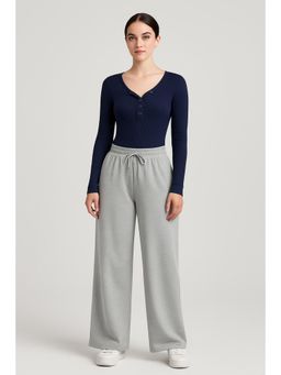 Cider - Round Neckline Solid Button Crop Top & Mid Rise Knotted Wide Leg Trousers Set