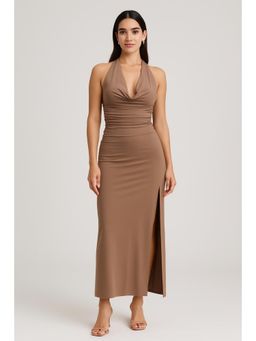 Cider - Halter Neckline Solid Ruched Crop Top & Mid Rise Solid Split Maxi Skirt Set