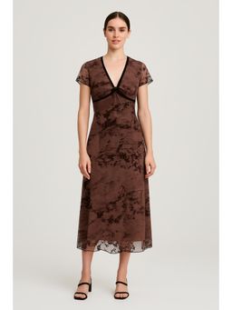Cider - Mesh V-neck Floral Ruffle Knotted Midi Dress