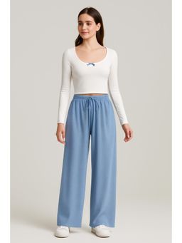 Cider - Cotton-blend Square Neck Bowknot Top & High Rise Striped Knotted Wide Leg Trousers