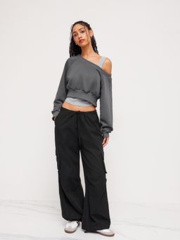 Cider - Terry Off-shoulder Cropped Oversized Sweatshirt & Ruched Tank Top