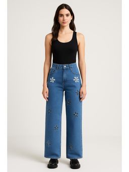 Cider - Denim Mid Waist Floral Pocket Wide Leg Jeans