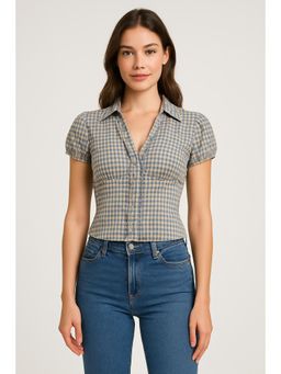 Cider - 100% Cotton V-neck Check Button Short Sleeve Blouse