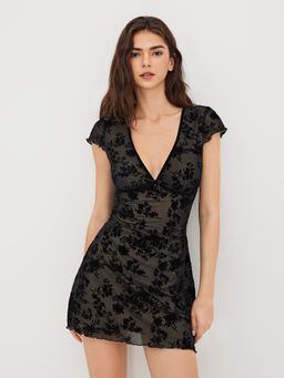 Cider - Mesh V-neck Floral Bow Mini Dress