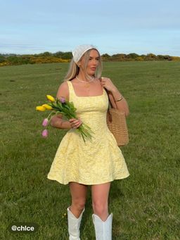 Cider - Jacquard U-neckline Floral Backless Bowknot Mini Dress