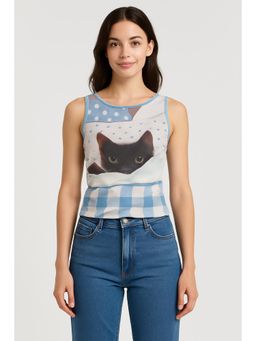 Cider - Cotton-blend Cat Graphic Gingham Ruched Top