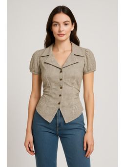 Cider - 100% Cotton Tartan Split Ruched Shirt style Top