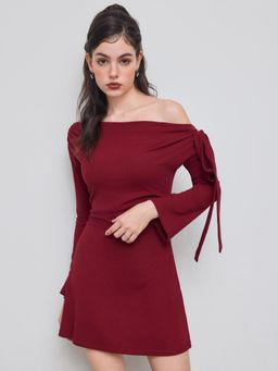 Cider - Asymmetrical Neck Ruched Knotted Mini Dress