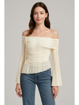 Cider - Lace Off-shoulder Drawstring Asymmetrical Hem Top
