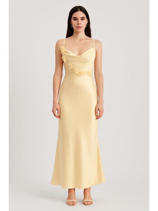 Buy Cider Satin Cowl Neck 3D Floral Ruched Mermaid Maxi Dress (XXS) Online