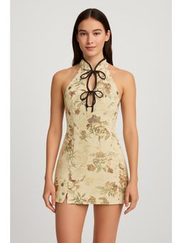 Cider - Jacquard Halter Neckline Floral Cut Out Tie Front Mini Dress
