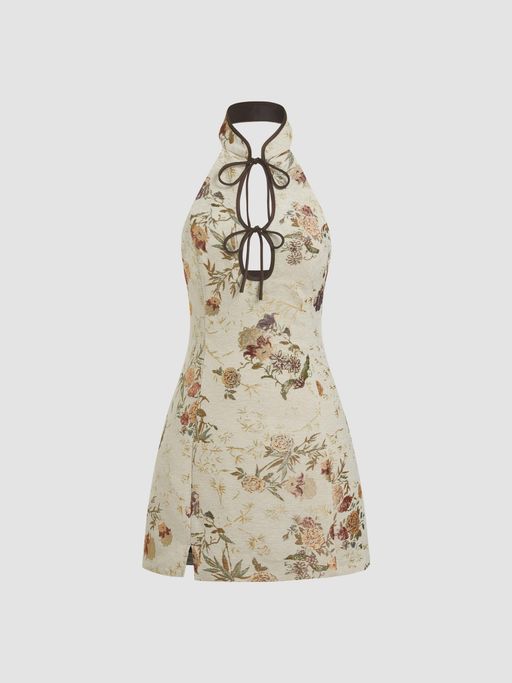 Buy Cider Jacquard Halter Neckline Floral Cut Out Tie Front Mini Dress  (XXS) Online