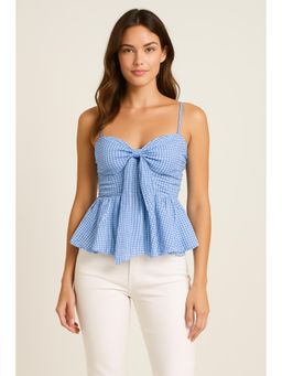 Cider - Check Shirred Knotted Bubble Hem Top