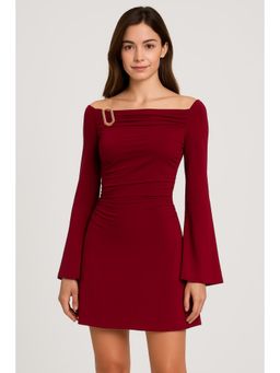 Cider - Off-Shoulder Bell Sleeve Hook Ruched Mini Dress
