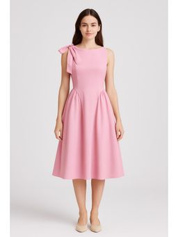 Cider - Linen-blend Boat Neck Bowknot Ruffle Midi Dress