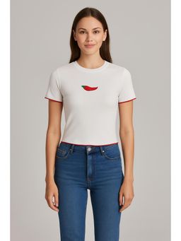 Cider - Round Neckline Pepper Embroidery Contrasting Binding Short Sleeve Tee