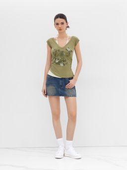Cider - Cotton-blend Halter Neckline Graphic Two Tone Ruched Top