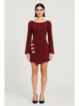 Cider - Round Neckline Solid Bowknot Mini Dress