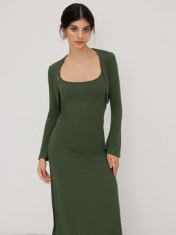 Cider - Ruched Solid Cami Maxi Dress & Solid Long Sleeve Shrug