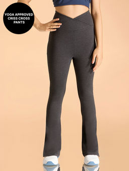 Kica - Criss Cross Cotton Flare Comfort Pants with Back Pocket and Ankle Slit Black