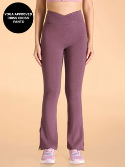 Kica - Criss Cross Cotton Flare Comfort Pants with Back Pocket and Ankle Slit Burgundy