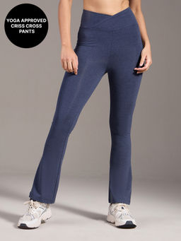 Kica - Criss Cross Cotton Flare Comfort Pants with Back Pocket and Ankle Slit Navy Blue