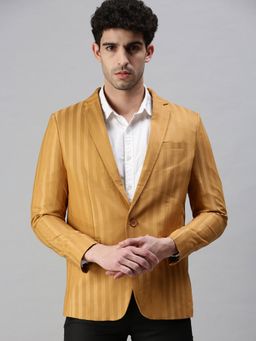 SHOWOFFFF - Men Striped Mustard Single Breasted Blazer
