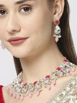 OOMPH - Pink and Red Beads and Kundan Ethnic Choker Necklace Set with Drop Earrings