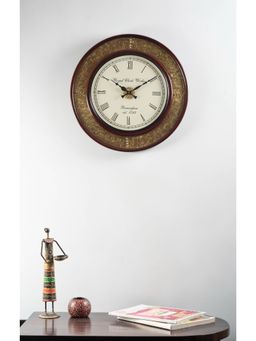 Vedas - C-Idika Heritage Wooden Polished And Brass Metal Fit Wall Clock (Multicolour, 18 Inch)
