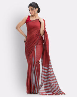Angoshobha - Red Handloom Bengal Cotton Saree with Unstitched