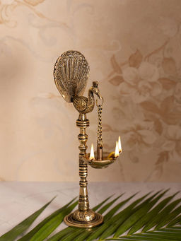 DecorTwist - Brass Peacock Pedestal Panchmukhi Hanging Diya (1 Piece)