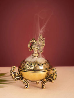 DecorTwist - Brass Dhoopdani Incense Burner with Peacock for Pooja Room & Temples