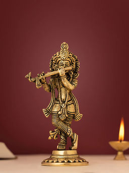 DecorTwist - Brass Handcrafted Lord Krishna with Flute Idol Statue