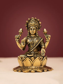DecorTwist - Brass Goddess Lakshmi Sitting on Lotus Idol Statue