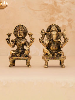 DecorTwist - Brass Handcrafted Ganesh & Lakshmi Idol Statue Set