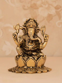 DecorTwist - Brass Handcrafted Sitting Ganesha on Lotus Idol Statue