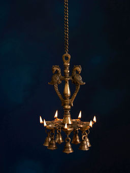 DecorTwist - Brass Peacock Parrot Hanging Diya with Bells for Home Temple