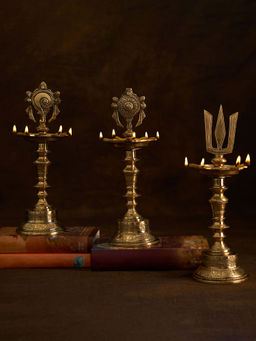 DecorTwist - Brass Shank Chakra Namah Diya Lamp Stand Vilakku (Set of 3)