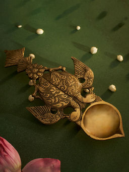 DecorTwist - Brass Oil Lamp with Twin Peacock Bird Handle