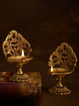 DecorTwist - Brass Ethnic Hand carved Petal Diya Lamp (Set of 2)