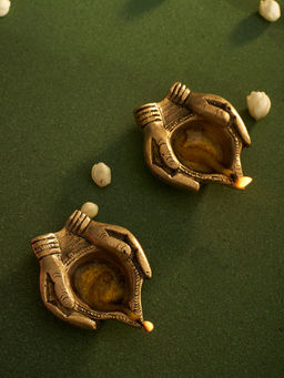 DecorTwist - Brass Hand Shaped Diya (Set of 2)