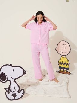 Sweet Dreams - Womens Cute Snoopy Gingham Front Open Shirt with Pyjama