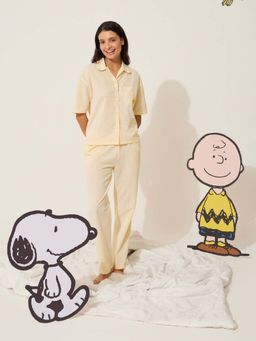Sweet Dreams - Womens Cute Snoopy Gingham Front Open Shirt with Pyjama