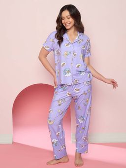 Sweet Dreams - Womens Cute Cartoon Print Front Open Shirt with Pyjama