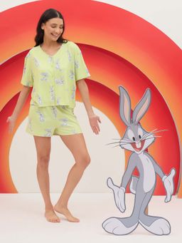 Sweet Dreams - Womens Cute and Playful Bugs Bunny Front Open Shirt with Shorts