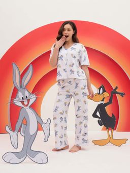 Sweet Dreams - Womens Cute Looney Tunes Front Open Shirt with Pyjama