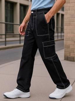 Bewakoof - Men's Black Baggy Fit Cargo Mid-Rise Jeans
