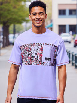 Bewakoof - Official Marvel Men's Baby Lavender Marvel Graphic Printed Oversized T-shirt