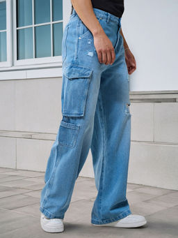 Bewakoof - Men's Blue Washed Baggy Fit Distressed Mid-Rise Cargo Jeans
