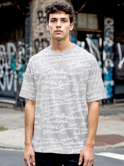 Bewakoof - Air 1.0 Mens Grey All Over Printed Oversized T-Shirt